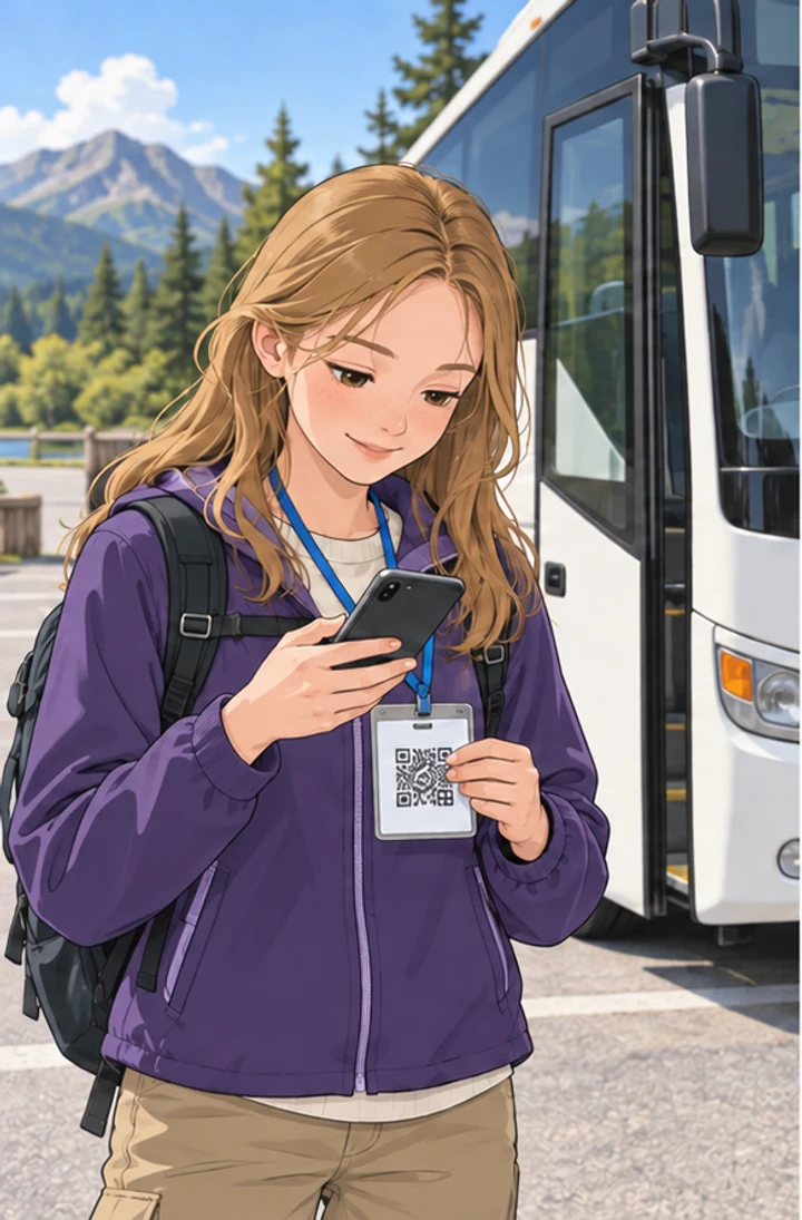 보라색 등산복을 입고 명찰을 확인하는 미팅마녀 모델