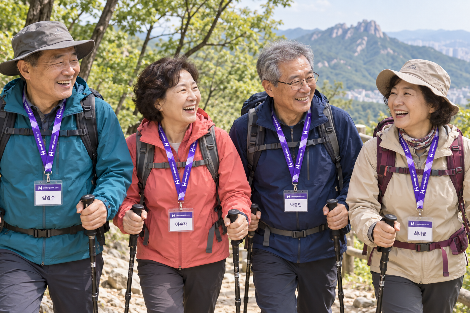 미팅마녀 목걸이와 명찰을 착용한 60대 남녀 산악회 회원의 산행 모습 — AI 생성 참고 이미지